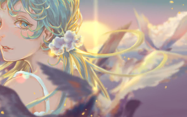 A vibrant 4K Ultra HD anime-style wallpaper featuring Hatsune Miku bathed in warm sunshine, soft pastel colors, and ethereal floral and winged elements.