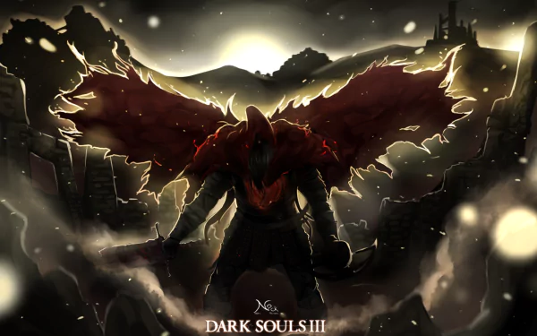 HD PC desktop wallpaper of the video game Dark Souls III featuring Slave Knight Gael: a bloodied, winged warrior silhouetted against ruined battlements beneath a glowing moon.