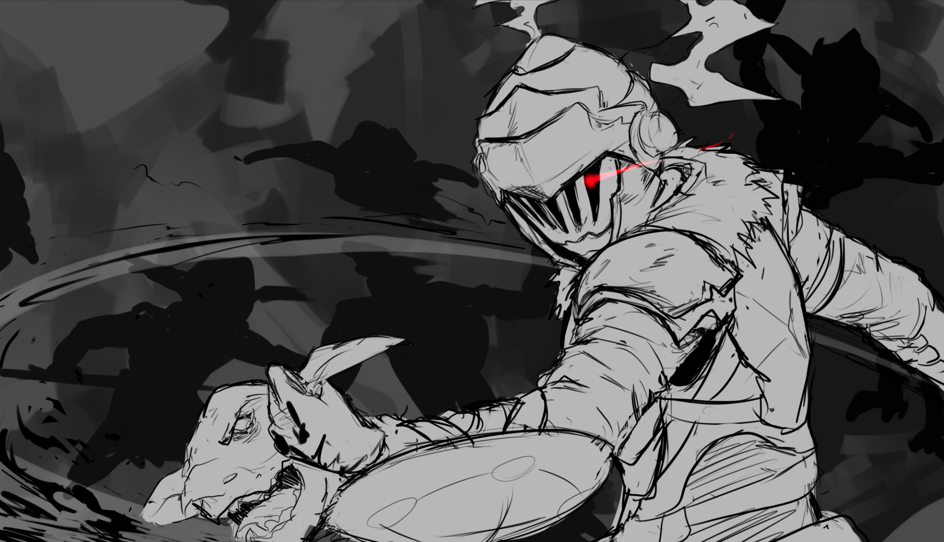 An HD desktop wallpaper featuring an anime-style drawing of Goblin Slayer in action, fighting a goblin. The grayscale image highlights his dark armor and glowing red eyes, creating an intense and dramatic scene.