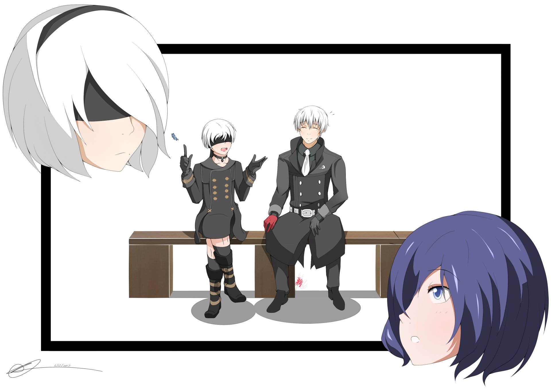 2K Quad HD anime crossover wallpaper: Touka Kirishima and Ken Kaneki sit on a bench, YoRHa No.2 Type B and close-up portraits in a minimalist white frame.