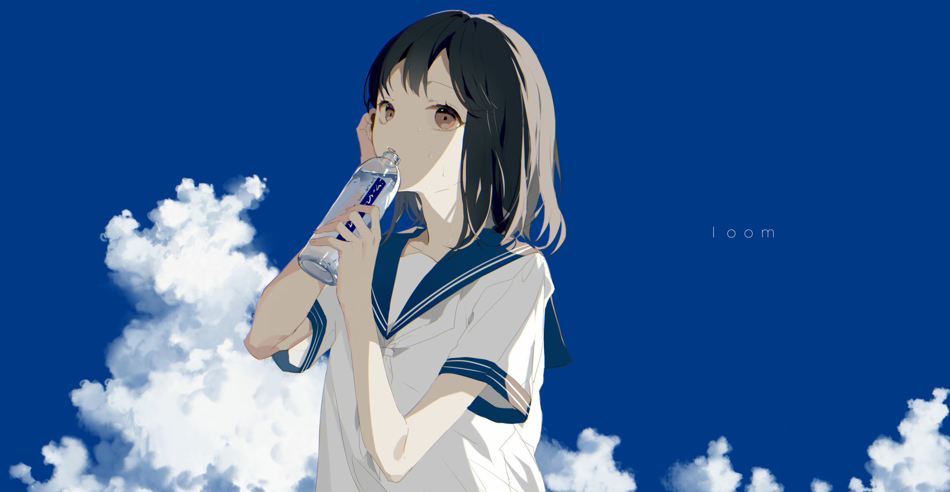 Anime-style illustration of a girl with short black hair and brown eyes drinking from a bottle against a vivid blue sky, created as a 4K Ultra HD PC desktop wallpaper.