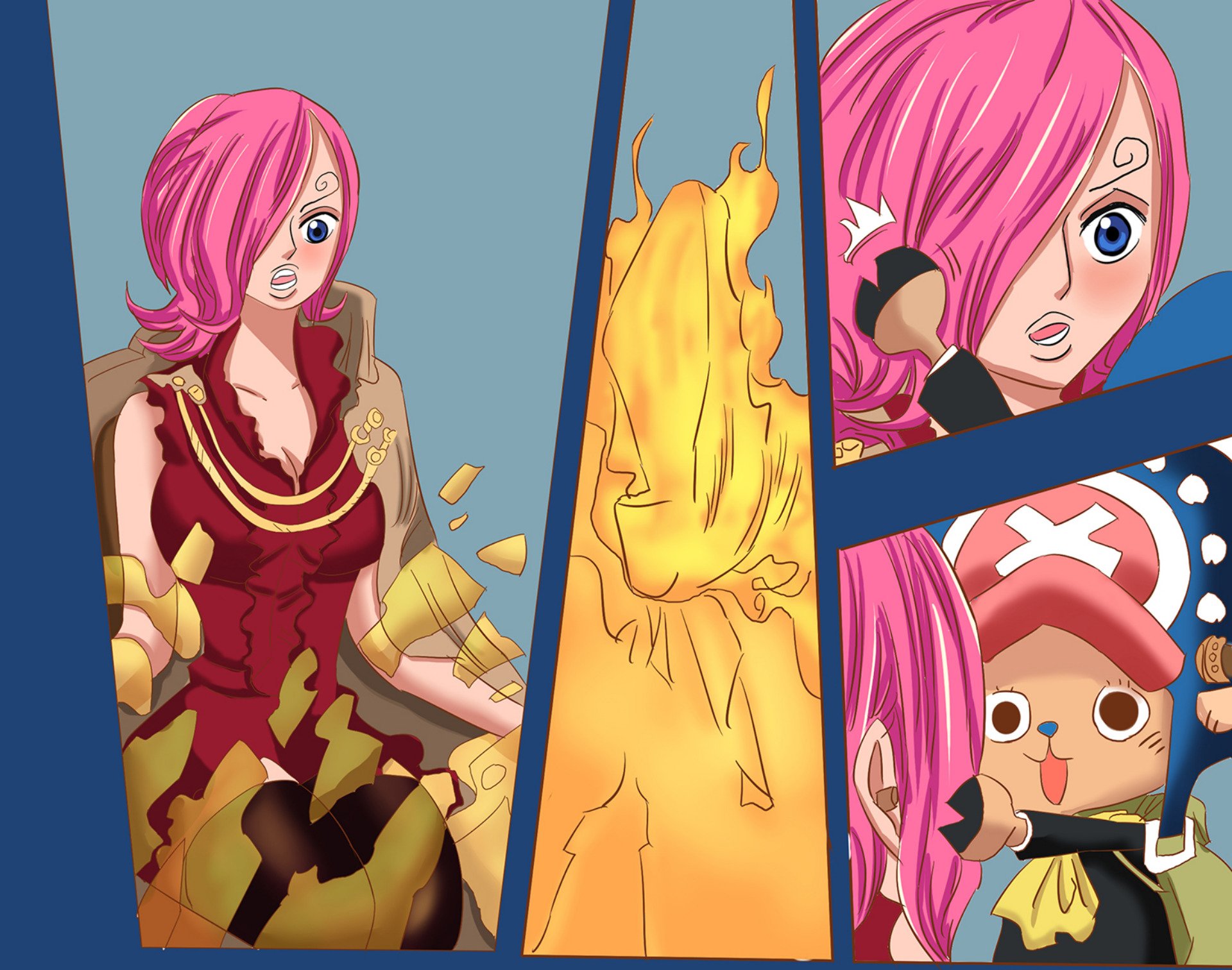 HD PC desktop wallpaper featuring Reiju Vinsmoke and Tony Tony Chopper from the anime One Piece, showcasing vibrant colors and dynamic character poses.