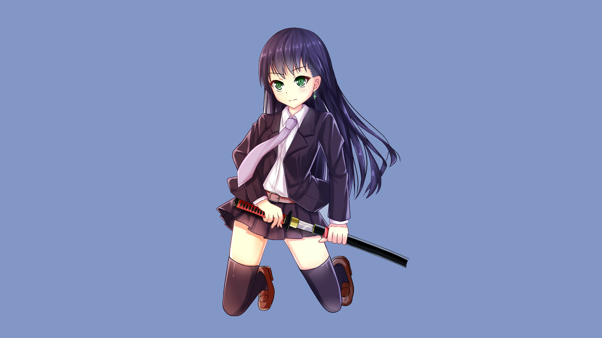 Anime-style original character with long purple hair and green eyes in a school uniform, thigh highs, and skirt, holding a sword – HD desktop wallpaper background.