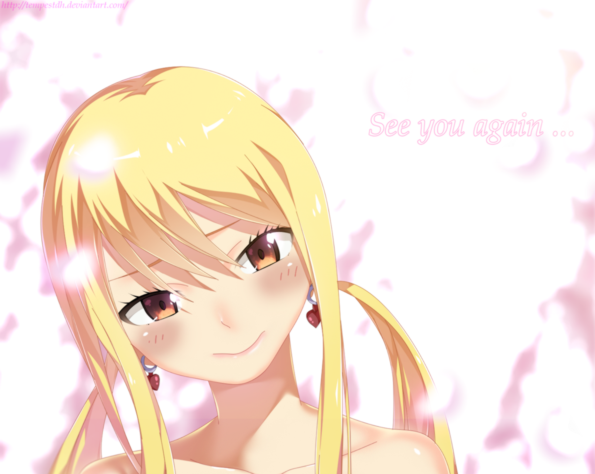 HD PC desktop wallpaper/background of Lucy Heartfilia (Fairy Tail) — close-up anime portrait with soft pink petals, warm lighting, a gentle smile and a light blush.
