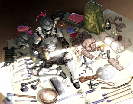 HD desktop wallpaper from Goblin Slayer depicting the protagonist in full armor, surrounded by an array of weapons and scrolls.