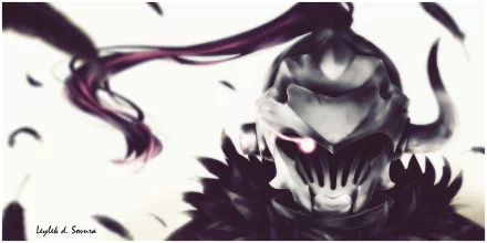 HD anime desktop wallpaper featuring a close-up of Goblin Slayer in his iconic helmet and armor, with a dark, intense aura.