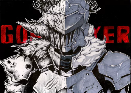 An HD desktop wallpaper featuring the anime character Goblin Slayer, showcasing his detailed and rugged armor against a dark background with the bold, red text Goblin Slayer behind him.