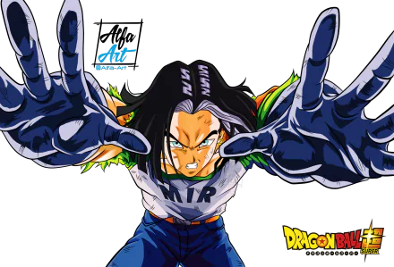 HD PC wallpaper featuring Android 17 from Dragon Ball Z in an intense anime pose with outstretched hands against a transparent background.