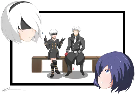 2K Quad HD anime crossover wallpaper: Touka Kirishima and Ken Kaneki sit on a bench, YoRHa No.2 Type B and close-up portraits in a minimalist white frame.