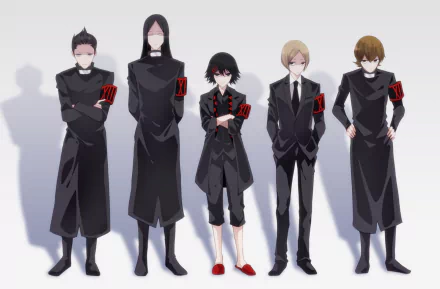 HD anime desktop wallpaper featuring Miyuki Mikage, Mizurou Tamaki, Hanbee Abara, Keijin Nakarai, and Juuzou Suzuya from Tokyo Ghoul:re standing in a row.