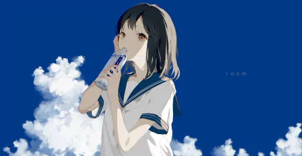 Anime-style illustration of a girl with short black hair and brown eyes drinking from a bottle against a vivid blue sky, created as a 4K Ultra HD PC desktop wallpaper.