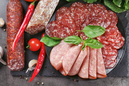 A 4K Ultra HD still life of assorted sliced salami and meats arranged on a dark surface with chili peppers, cherry tomatoes, garlic, and fresh basil leaves.