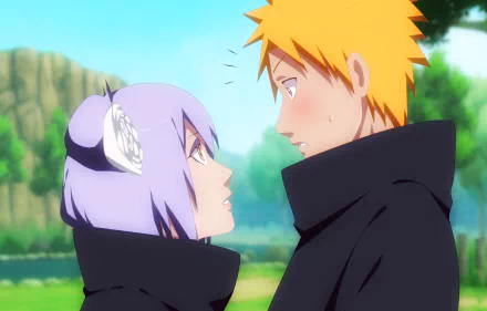 HD anime desktop wallpaper featuring Konan and Yahiko from Naruto standing close with a scenic outdoor background.