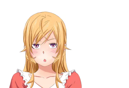 HD desktop wallpaper of Erina Nakiri from Food Wars: Shokugeki no Soma — blushing, blonde-haired anime girl in a red dress against a white background.