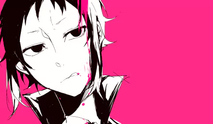 HD PC desktop wallpaper featuring Ryūnosuke Akutagawa from the anime Bungou Stray Dogs, with a bold pink background and monochrome character art.
