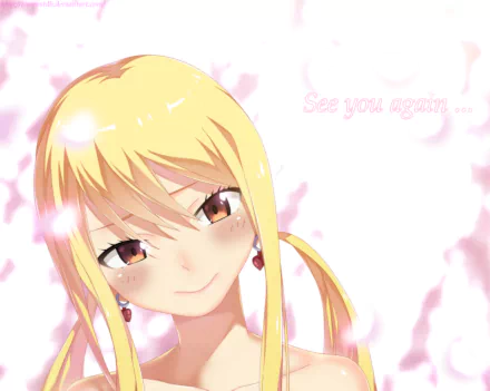 HD PC desktop wallpaper/background of Lucy Heartfilia (Fairy Tail) — close-up anime portrait with soft pink petals, warm lighting, a gentle smile and a light blush.