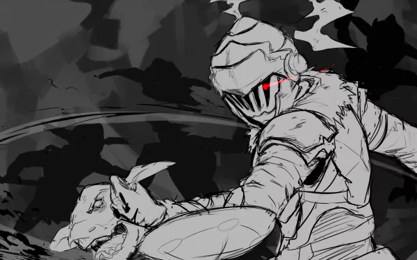 An HD desktop wallpaper featuring an anime-style drawing of Goblin Slayer in action, fighting a goblin. The grayscale image highlights his dark armor and glowing red eyes, creating an intense and dramatic scene.