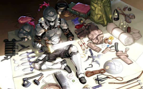 HD desktop wallpaper from Goblin Slayer depicting the protagonist in full armor, surrounded by an array of weapons and scrolls.