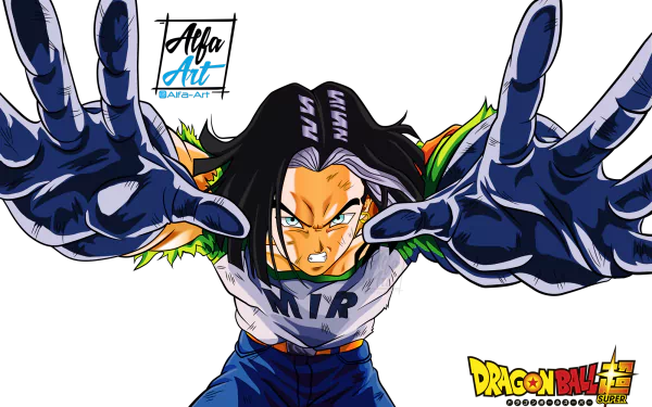 HD PC wallpaper featuring Android 17 from Dragon Ball Z in an intense anime pose with outstretched hands against a transparent background.