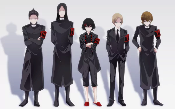 HD anime desktop wallpaper featuring Miyuki Mikage, Mizurou Tamaki, Hanbee Abara, Keijin Nakarai, and Juuzou Suzuya from Tokyo Ghoul:re standing in a row.