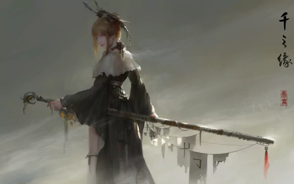 An 8K Ultra HD anime-style wallpaper featuring a blonde warrior in a black dress wielding a long sword, set against a muted, atmospheric background.