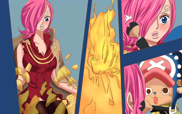 HD PC desktop wallpaper featuring Reiju Vinsmoke and Tony Tony Chopper from the anime One Piece, showcasing vibrant colors and dynamic character poses.