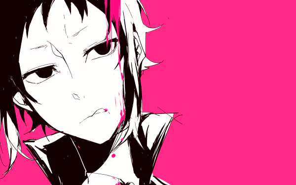 HD PC desktop wallpaper featuring Ryūnosuke Akutagawa from the anime Bungou Stray Dogs, with a bold pink background and monochrome character art.