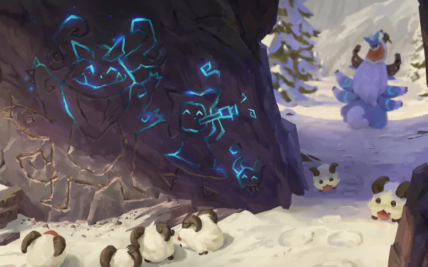 HD PC desktop wallpaper: snowy scene from the video game League of Legends — Nunu and Willump by glowing cave paintings of Poros, with poros scattered in the snow.