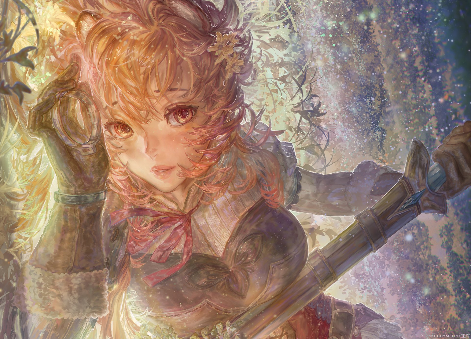 A detailed HD wallpaper featuring Raphtalia from The Rising of the Shield Hero. She has brown hair, brown eyes, and is shown with a sword amidst a glowing, ethereal background.