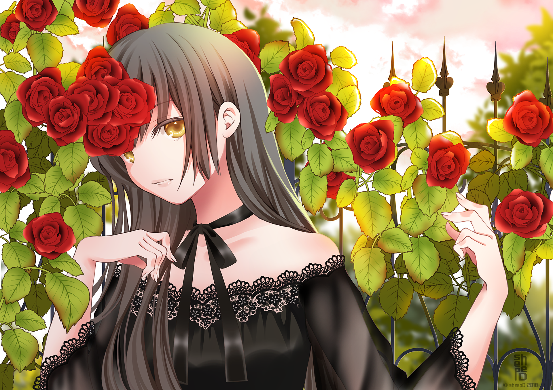 HD anime desktop wallpaper featuring an original character with long dark hair surrounded by vibrant red roses and lush green leaves.