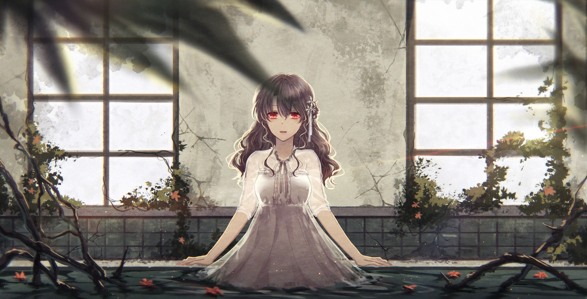 HD anime original desktop wallpaper featuring a girl with red eyes and long dark hair sitting in water, framed by large windows and a serene, muted background.