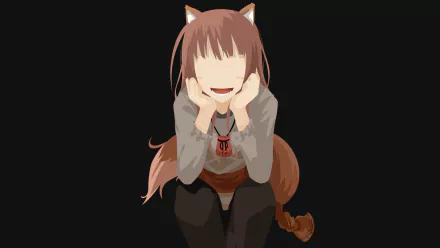 Holo (Spice & Wolf) anime character kneeling and smiling, fox ears and tail, brown hair and medieval outfit on a black backdrop — 4K Ultra HD PC desktop wallpaper/background.