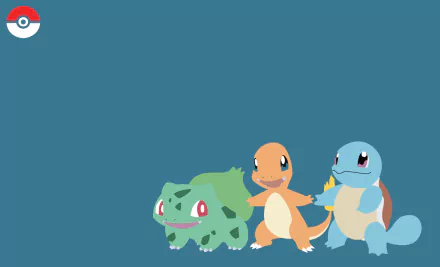 HD PC desktop wallpaper featuring the Pokémon trio Charmander, Squirtle, and Bulbasaur against a plain blue background in anime style.