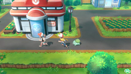 HD wallpaper of Pokémon: Let's Go featuring Pikachu, Eevee, and a trainer outside a Pokémon Center.