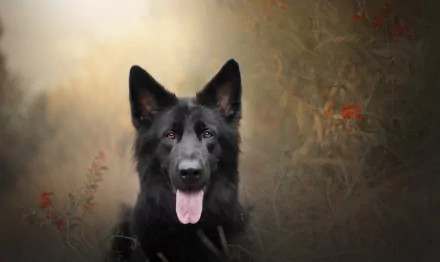 Black German Shepherd dog (animal) centered in soft-focus foliage, tongue out — 2K Quad HD PC desktop wallpaper and background.