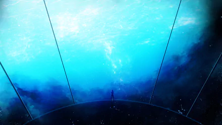 HD anime-style fantasy wallpaper featuring a lone figure standing on a curved platform beneath a vast, glowing blue sky.