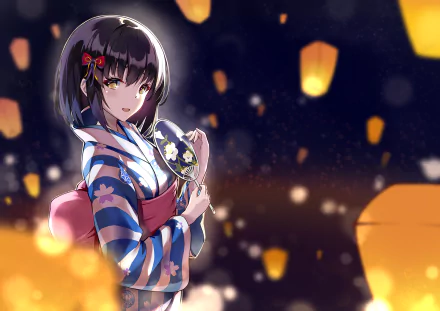 HD anime wallpaper featuring Megumi Katō from Saekano: How to Raise a Boring Girlfriend, dressed in a traditional yukata surrounded by glowing lanterns at night.