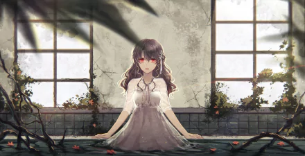 HD anime original desktop wallpaper featuring a girl with red eyes and long dark hair sitting in water, framed by large windows and a serene, muted background.