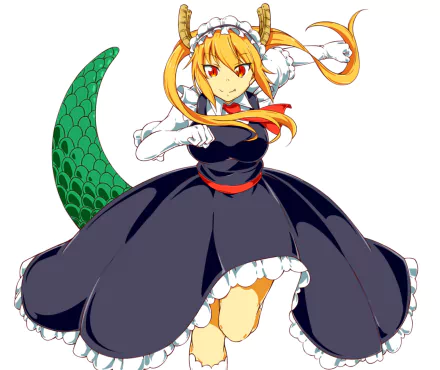 HD anime desktop wallpaper of Tohru (Miss Kobayashi's Dragon Maid): orange-haired, orange-eyed twintails with horns and green dragon tail, dressed in a classic black-and-white maid outfit.