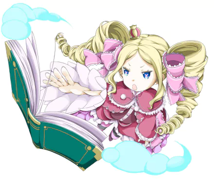 HD PC desktop wallpaper of Beatrice (Re:ZERO): blonde twintails, blue eyes, frilly pink dress, animated casting pose with an open green grimoire — anime background.