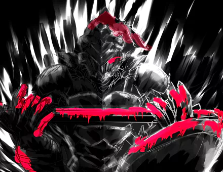 HD desktop wallpaper featuring the anime character Goblin Slayer in full armor, wielding a sword and shield, set against a dynamic black and white background with striking red accents.