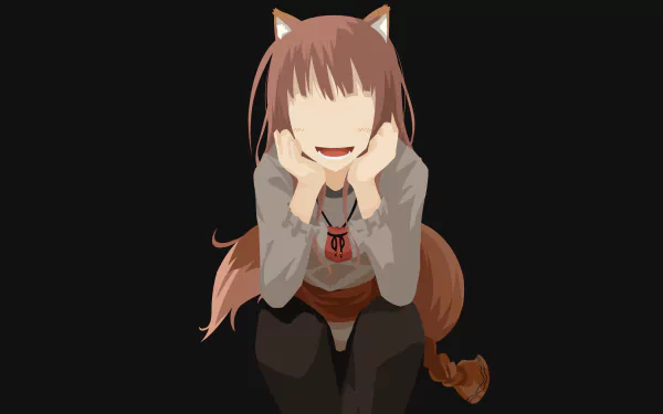 Holo (Spice & Wolf) anime character kneeling and smiling, fox ears and tail, brown hair and medieval outfit on a black backdrop — 4K Ultra HD PC desktop wallpaper/background.