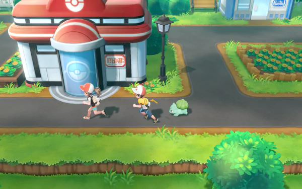 HD wallpaper of Pokémon: Let's Go featuring Pikachu, Eevee, and a trainer outside a Pokémon Center.