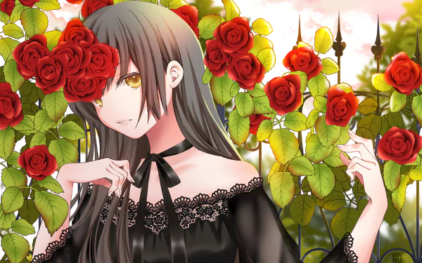 HD anime desktop wallpaper featuring an original character with long dark hair surrounded by vibrant red roses and lush green leaves.