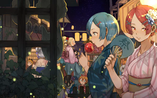 Rem and Ram in kimonos at a night festival, Rem with a fan and Ram with a candy apple among lantern-lit stalls - anime 4K Ultra HD PC desktop wallpaper/background from Re:Zero.
