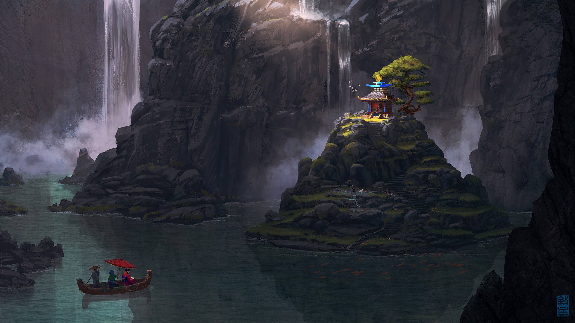 Download Boat Waterfall Fantasy Oriental HD Wallpaper