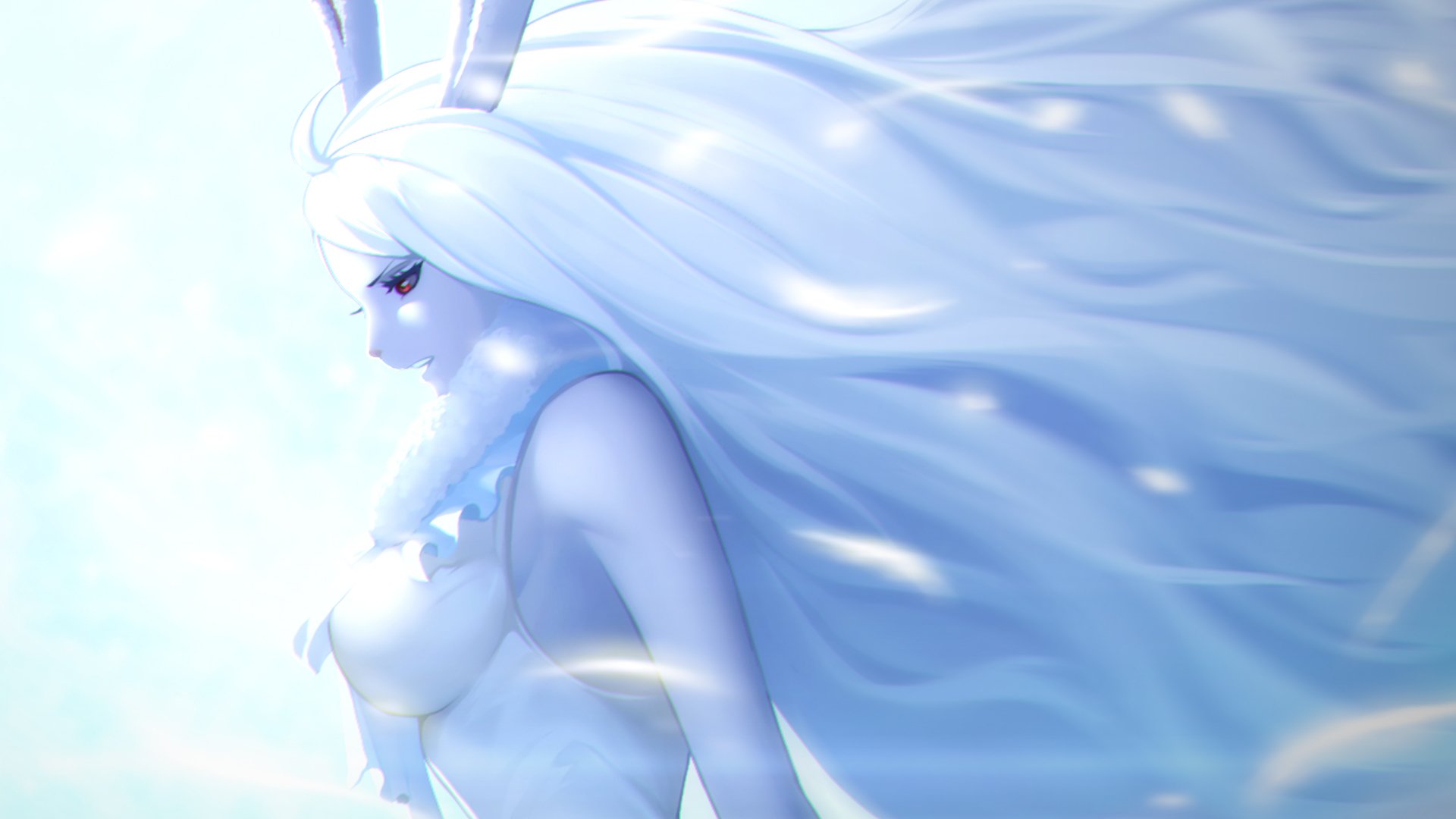 HD anime wallpaper of Carrot from One Piece with long white hair and striking red eyes against a light, ethereal background.