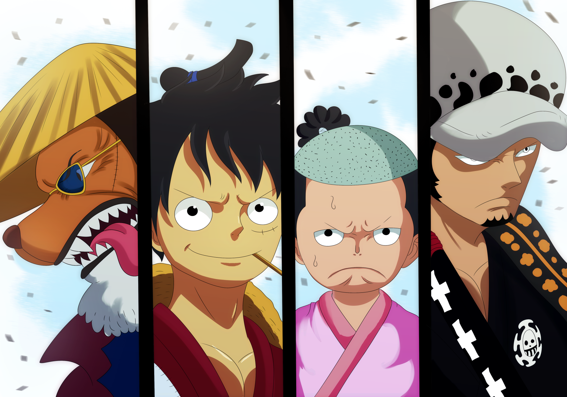 4K Ultra HD One Piece wallpaper featuring anime characters Kozuki Momonosuke, Monkey D. Luffy, Trafalgar Law, and Inuarashi in distinct vertical panels.