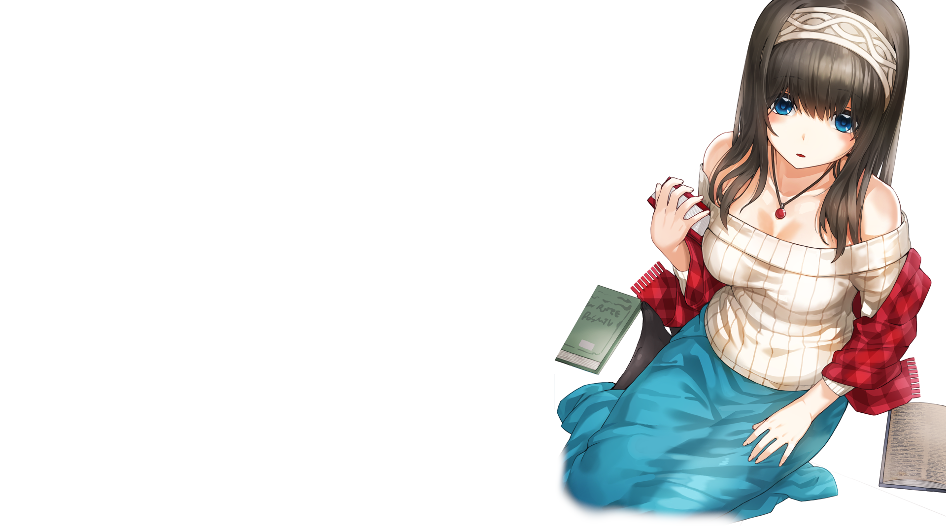 Anime HD desktop wallpaper of Fumika Sagisawa from The iDOLM@STER Cinderella Girls, featuring her long brown hair, blue eyes, and a casual outfit with a scarf.