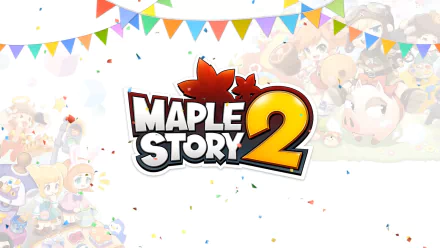 HD desktop wallpaper featuring colorful MapleStory 2 game characters and logo with festive bunting and confetti.